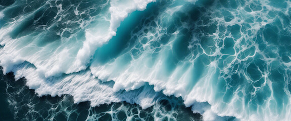aerial view of beautiful photo of blue water flowing in waves with white foam in a ocean. 
 - obrazy, fototapety, plakaty