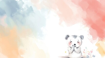 Fototapeta premium An endearing watercolor illustration of a bear with hands clasped, set against a colorful abstract background, evokes a sense of wonder. It's ideal for children's decor or educational purposes