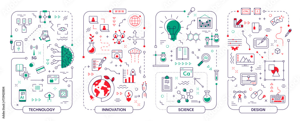 Poster Creative technology. Digital work icons. Business project infographic of research and communication. Knowledge development. Scientific analytics chart. Vector abstract elements set