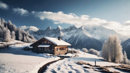 Majestic mountain range, covered with a layer of snow, beautiful and lonely cottage located in the valley