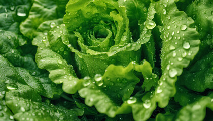 Refreshing Lettuce Harvest: Close-Up Shot of Crisp Salad Leaves with Dew Drops - Perfect Mix of Vibrant Colors and Healthy Nutrition for Springtime Salads - Green Leaf with Drops