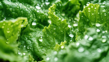 Healthy Salad Greens: Close-Up Photography of Fresh Lettuce Leaves with Water Droplets - Vibrant Colors and Nutritional Freshness Ideal for Vegan Cuisine and Farming Advocacy - Green Leaf with Drops