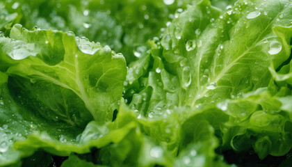Crisp Lettuce Close-Up: Fresh Salad Leaves with Dew Drops - Vibrant Greenery and Detailed Texture Perfect for Refreshing Spring Recipes and Agriculture Promotion - Green Leaf with Drops