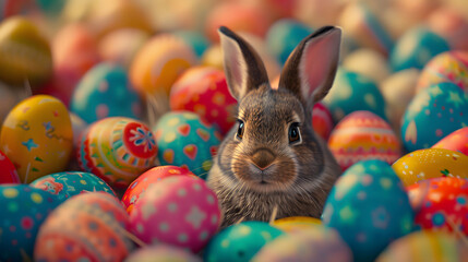 Fototapeta na wymiar Vibrant Easter Eggs with a Very Cute Easter Bunny in a Festive Celebration