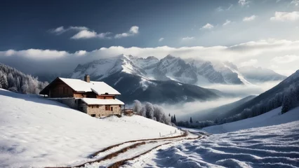 Papier Peint photo Montagnes Majestic mountain range, covered with a layer of snow, beautiful and lonely cottage located in the valley