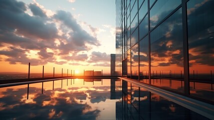 Fototapeta premium Modern office building or business center. High-rise window buildings made of glass reflect the clouds and the sunlight. empty street outside wall modernity civilization. growing up business