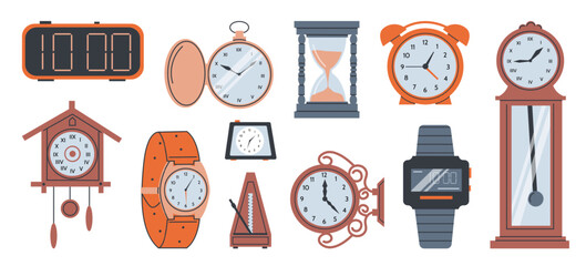 Clock dial. Interior watch. Hourglass and wristwatch. Wooden metronome timer. Time measurement. Chronometer at wall. Punctuality and accuracy. Hours countdown. Vector timepieces set