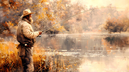 Naklejka premium Painting a man fishing on a lake with a fishing rod in his hand. Ai generated.