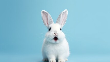Fototapeta premium cute animal pet rabbit or bunny white color smiling and laughing isolated with copy space for easter background, rabbit, animal, pet, cute, fur, ear, mammal, background, celebration, generate by AI