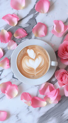 Heart-shaped Latte Art Surrounded by Soft Rose Petals