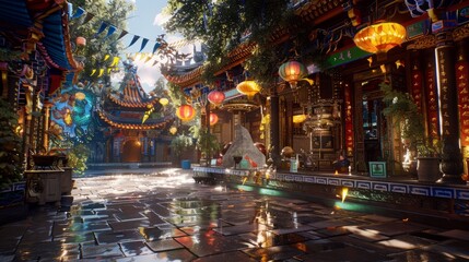 A vibrant traditional street decorated with colorful lanterns and flags, illuminated by sunlight.

