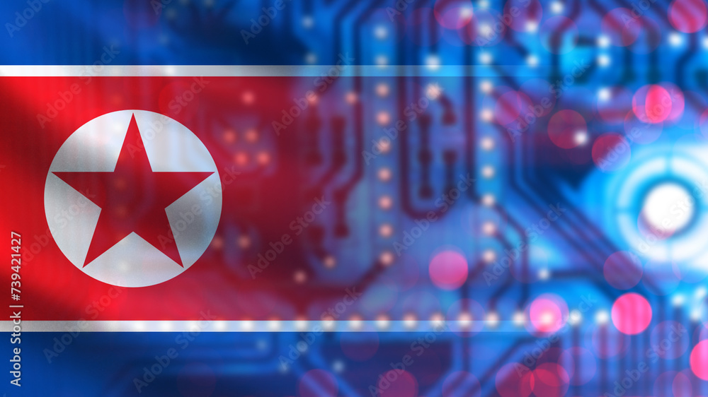 Poster digital board made in north korea. flag of dprk. computer microboard close-up. digital board of kore