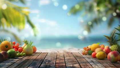 fresh fruits on a wooden table at the beach with copy space. summertime concept