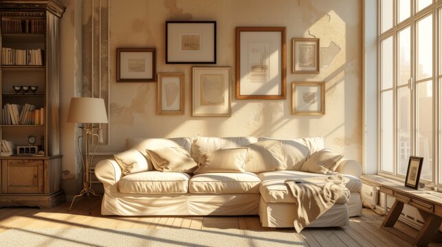 modern white and beige living room with empty frames hanging on the wall. wallpaper background