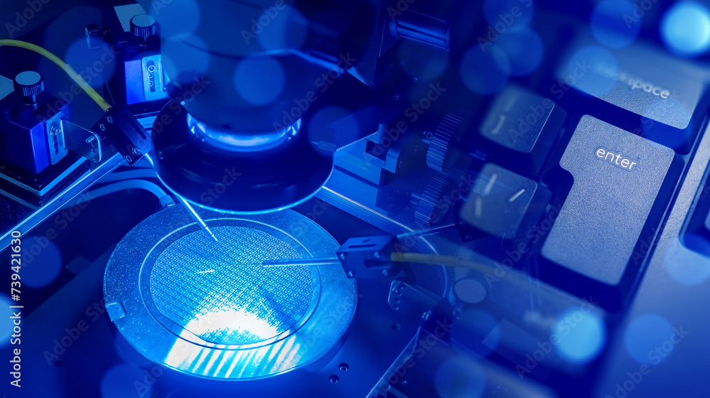 Poster Equipment for production of microprocessors. Soldering machine for creating PCB. Microchip manufacturing technologies. Keyboard near high tech equipment. Automated creation of microprocessors