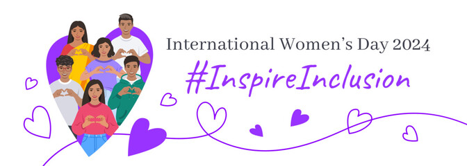 Inspire inclusion campaign pose. International Women's Day 2024 theme banner. Smiling Indian women and men make heart symbol with hands to stop discrimination and stereotypes. Gender inclusive world