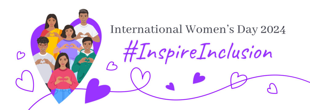 Inspire inclusion campaign pose. International Women's Day 2024 theme banner. Smiling Indian women and men make heart symbol with hands to stop discrimination and stereotypes. Gender inclusive world