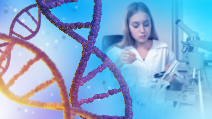 Woman is engaged in genetic engineering. DNA chain. Girl geneticist works with test tubes and...