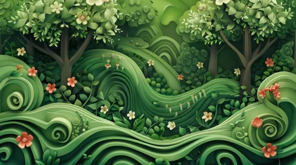 Foto op Canvas 3D papercuts of surrealist cartoons depicting vibrant spring landscapes with swirling vortexes and minimalist elements © Matthew