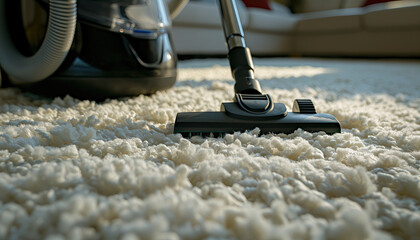close up of vaccum is used to clean the white carpet in the home