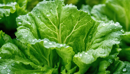 Freshness of Lettuce: Close-Up Image of Crisp Salad Leaves with Dew Drops - Vibrant Greenery and Detailed Texture Perfect for Refreshing Salad Recipes and Farming Promotion - Green Leaf with Drops