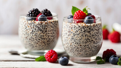 Chia seed pudding in glass cups on white wooden background. Healthy dessert with berries