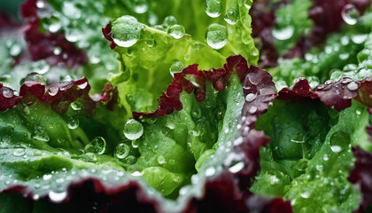 Spring Water Droplets on Lettuce: Close-Up Photography of Fresh Salad Greens - Perfect Mix of Vibrant Colors and Refreshing Texture, Ideal for Health and Wellness Marketing - Green Leaf with Drops