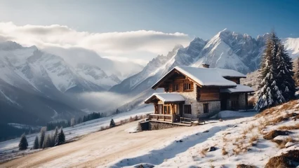Papier Peint photo Montagnes Majestic mountain range, covered with a layer of snow, beautiful and lonely cottage located in the valley