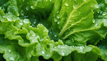 Vibrant Vegetable Harvest: Close-Up Shot of Crisp Lettuce Leaves with Dew Drops - Perfect for Health-Focused Nutrition Campaigns and Vegan Lifestyle Presentations - Green Leaf with Drops