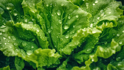 Healthy Salad Greens Close-Up: Fresh Lettuce Leaves with Dew Drops - Agriculture Photography Highlighting Vibrant Growth and Nutritional Freshness - Green Leaf with Drops