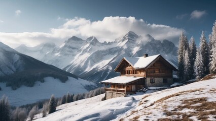 Fototapeta premium Majestic mountain range, covered with a layer of snow, beautiful and lonely cottage located in the valley
