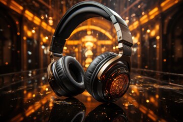 Fototapeta na wymiar A photo of Shiny black headphones reflect golden nightclub Generative AI