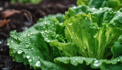 Fresh Water Drops on Lettuce: Close-Up Image of Crisp Salad Leaves - Detailed Texture and Vibrant Colors Showcasing Farm-Fresh Ingredients for Healthy Vegetarian Dishes - Green Leaf with Drops