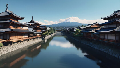 Mt. Fuji and the Kiyomizu dera temple. Ancient Kyoto Japan. Generative AI