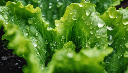 Nutrient-Rich Lettuce Harvest: Close-Up Photography of Vibrant Salad Greens with Water Droplets - Ideal for Health-Conscious Recipes and Farming Promotion - Green Leaf with Drops