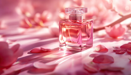 pink square perfume bottle with pink blossom with pink background. pink roses fragrance perfume bottle