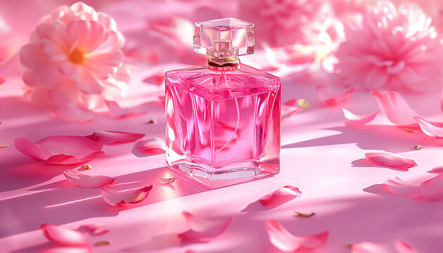pink square perfume bottle with pink blossom with pink background. pink roses fragrance perfume bottle