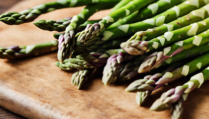Colorful Asparagus Harvest: Horizontal Photography - Ripe and Tender Vegetable Illustrating Freshness and Nutritional Simplicity - Green Asparagus on a Wooden Background