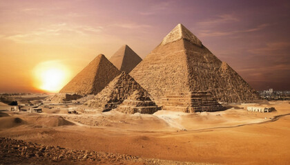 Fototapeta na wymiar Panoramic view of Beautiful pyramid of Giza at sunset, Egypt. Generative AI