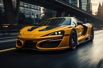 An image of Yellow sport car with black auto tuning on the road Generative AI - obrazy, fototapety, plakaty