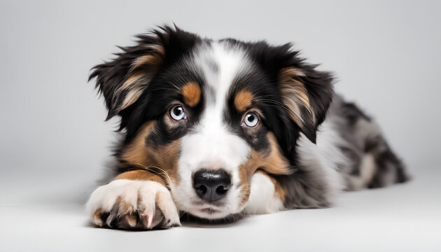Loyal Guard Companion: Horizontal Studio Shot of Relaxed Border Collie - Close-Up Portrait with Blue Eyes, Isolated on White Background, Showcasing Domestic Pet's Beauty - Portrait of a Dog