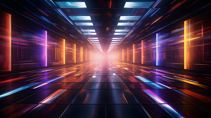 3d illustration of a futuristic corridor with glowing lights and reflections.