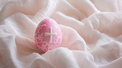 Pink easter egg with a cross on a white fabric background.