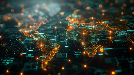 World map with communication grid, data traveling fast