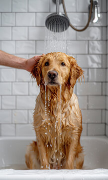 Dog owner washing his lovely friend. Funny golden retriever adult dog sitting in white bathtub in bathroom under shower flows. Lovely pets, comic animals concept image.