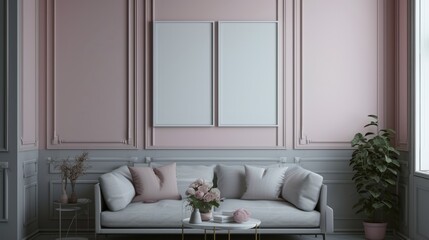 Fototapeta na wymiar a beautiful cozy grey and pink architecture design idea for a modern living room. wallpaper background