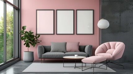 Naklejka na ściany i meble a beautiful cozy white and pink architecture design idea for a modern living room. wallpaper background