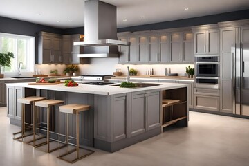 An interior view of a large, family kitchen with stainless steal appliances