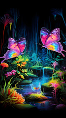 Butterfly in the night forest. Colorful illustration of a butterfly in the night forest.