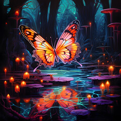 Butterfly in the night forest. Colorful illustration of a butterfly in the night forest.
